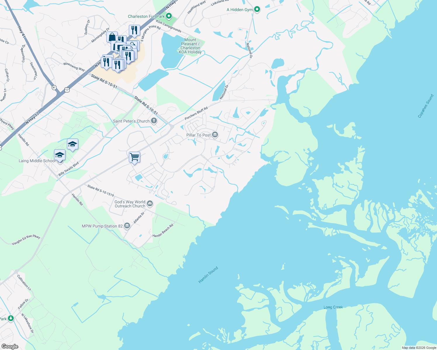 map of restaurants, bars, coffee shops, grocery stores, and more near 3024 Intracoastal View Drive in Mount Pleasant