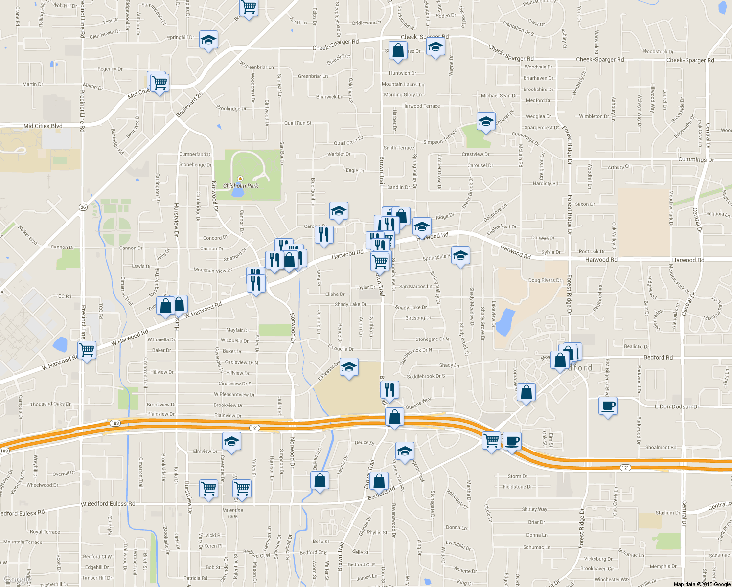 map of restaurants, bars, coffee shops, grocery stores, and more near 1801 Brown Trail in Bedford