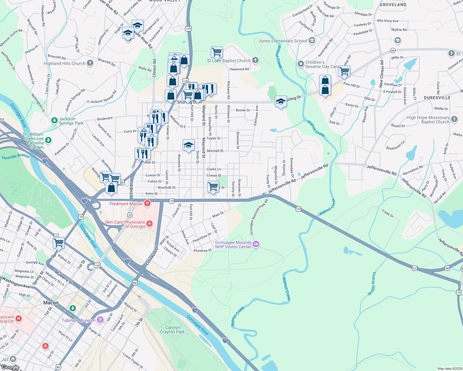 map of restaurants, bars, coffee shops, grocery stores, and more near 1038 Woolfolk St in Macon