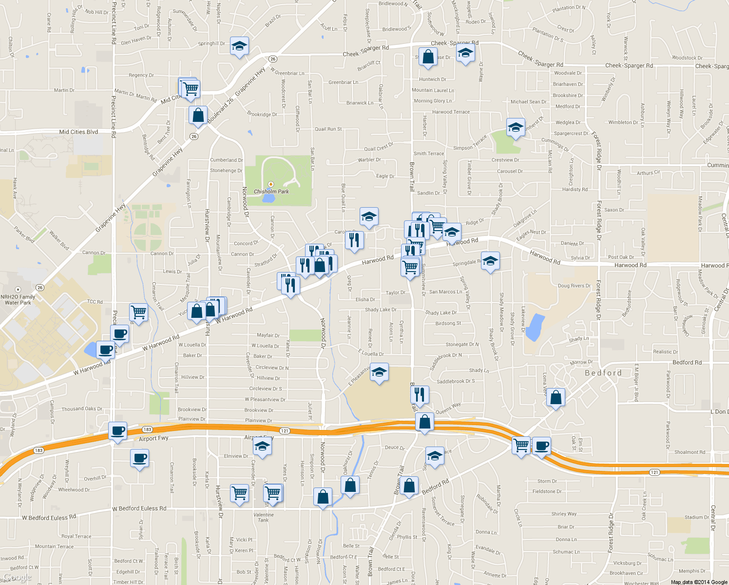 map of restaurants, bars, coffee shops, grocery stores, and more near 404 Miranda Terrace in Bedford