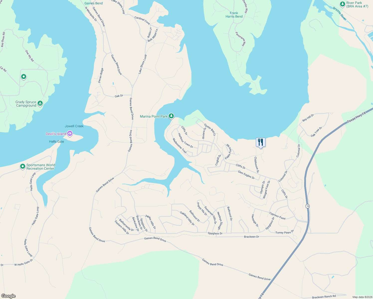 map of restaurants, bars, coffee shops, grocery stores, and more near 120 Bel-Air Loop in Graford