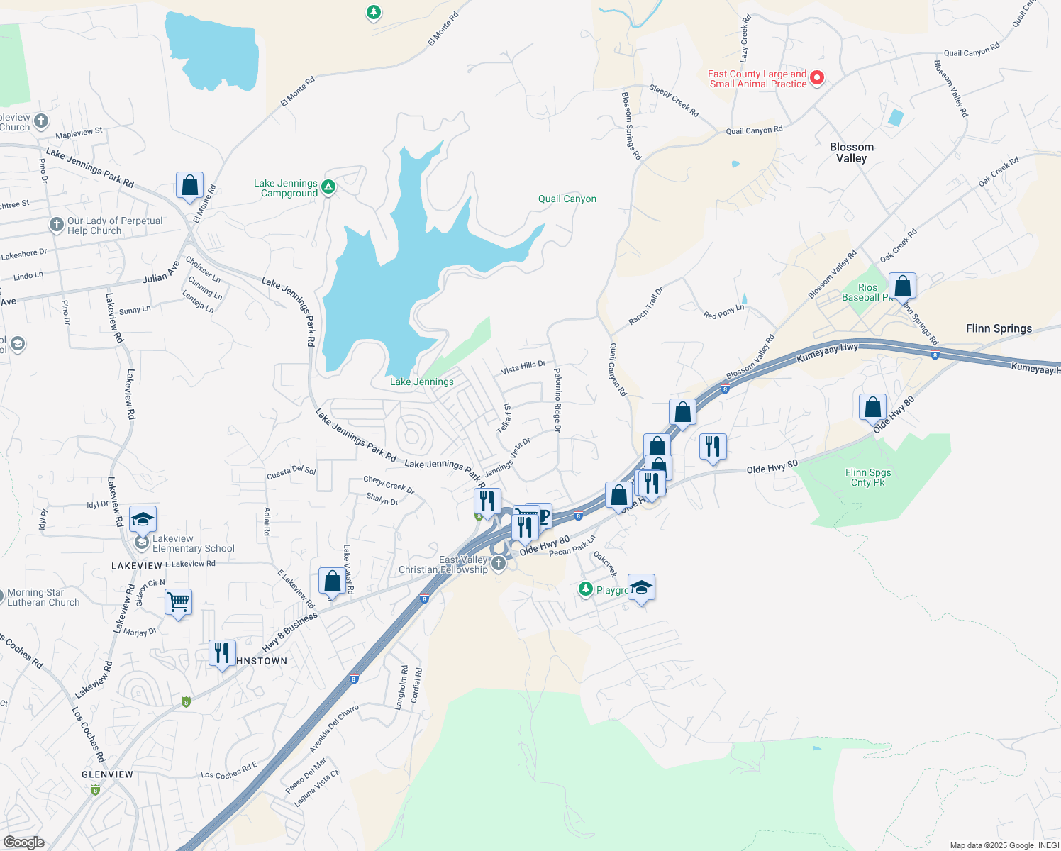 map of restaurants, bars, coffee shops, grocery stores, and more near 14223 Jennings Vista Ct in Lakeside