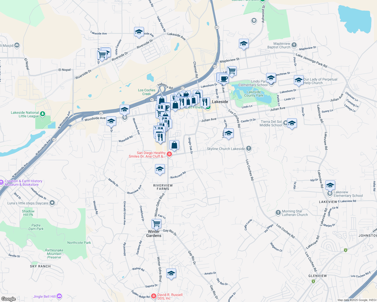 map of restaurants, bars, coffee shops, grocery stores, and more near 12224 Lemon Crest Drive in Lakeside