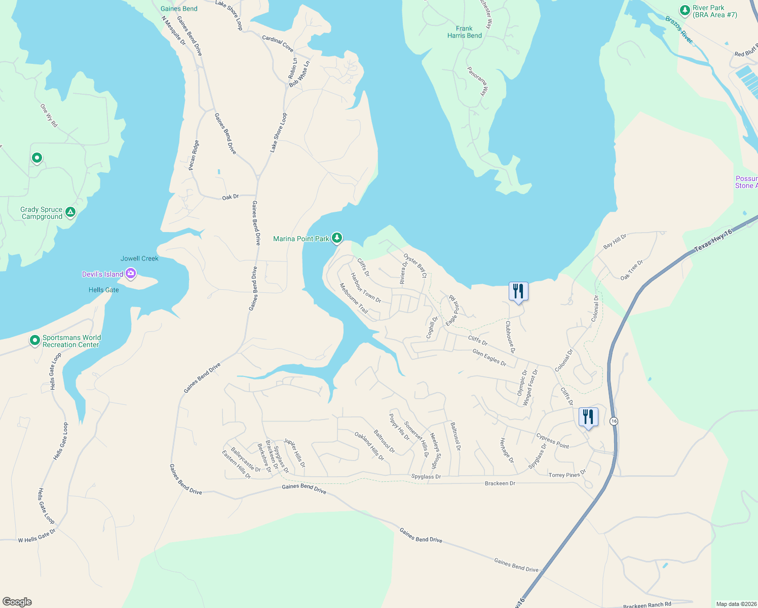 map of restaurants, bars, coffee shops, grocery stores, and more near 120 Bel-Air Loop in Graford