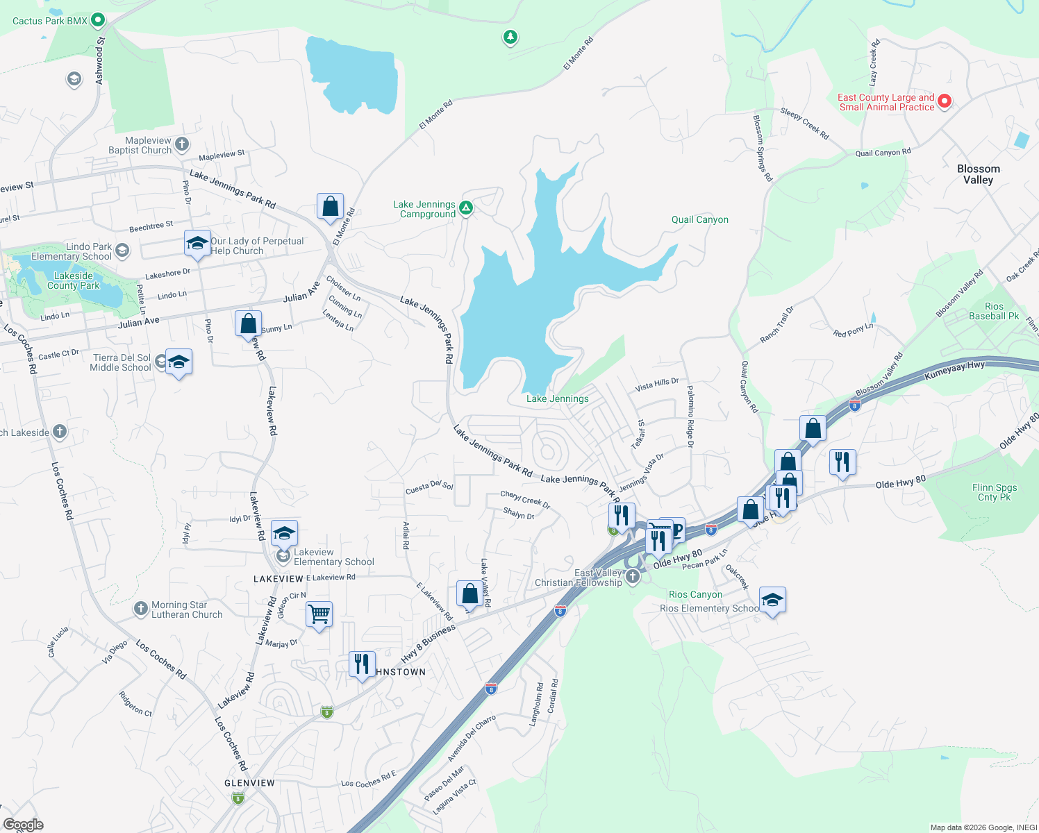 map of restaurants, bars, coffee shops, grocery stores, and more near American Way in Lakeside