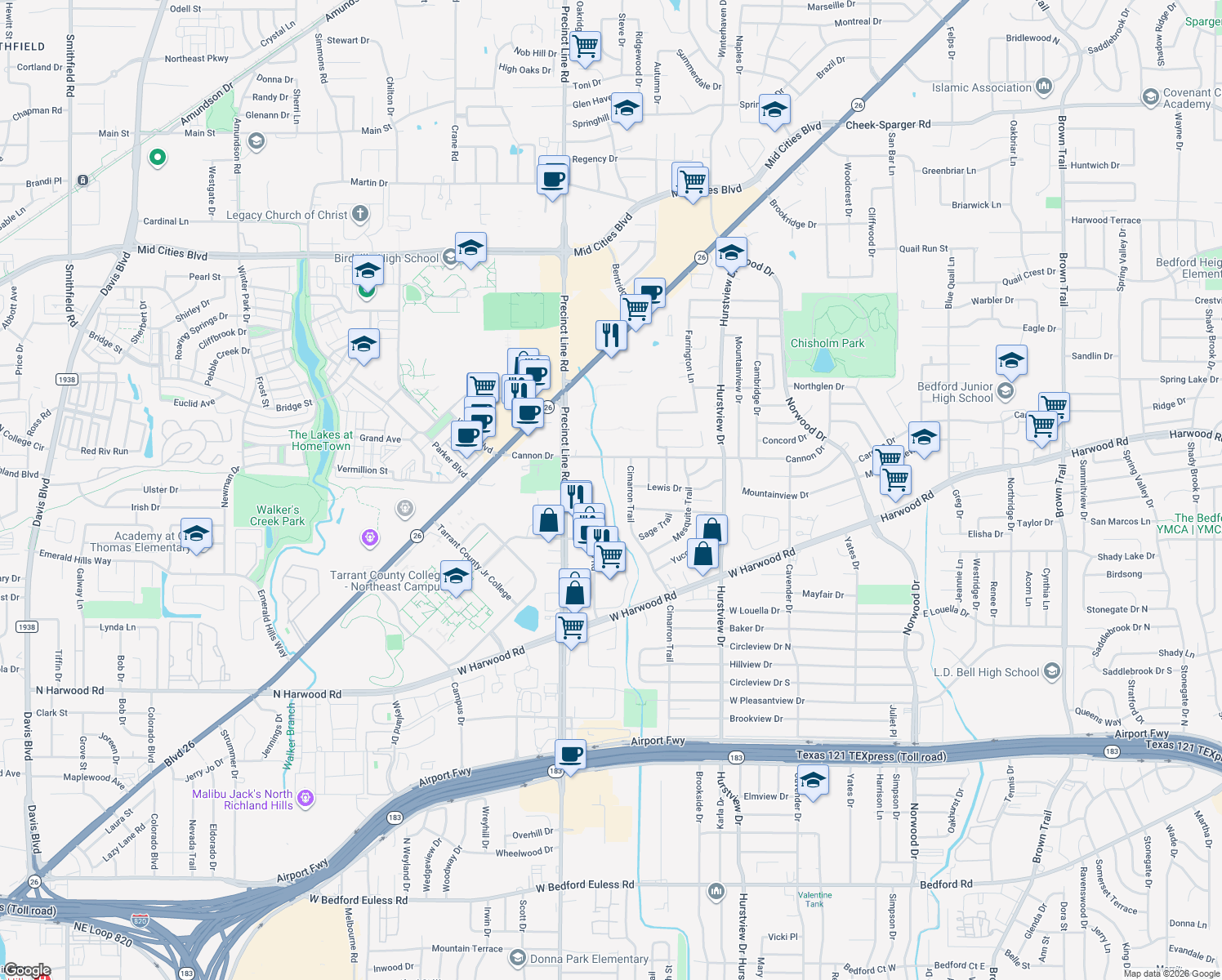 map of restaurants, bars, coffee shops, grocery stores, and more near 2001 Lorean Court in Hurst