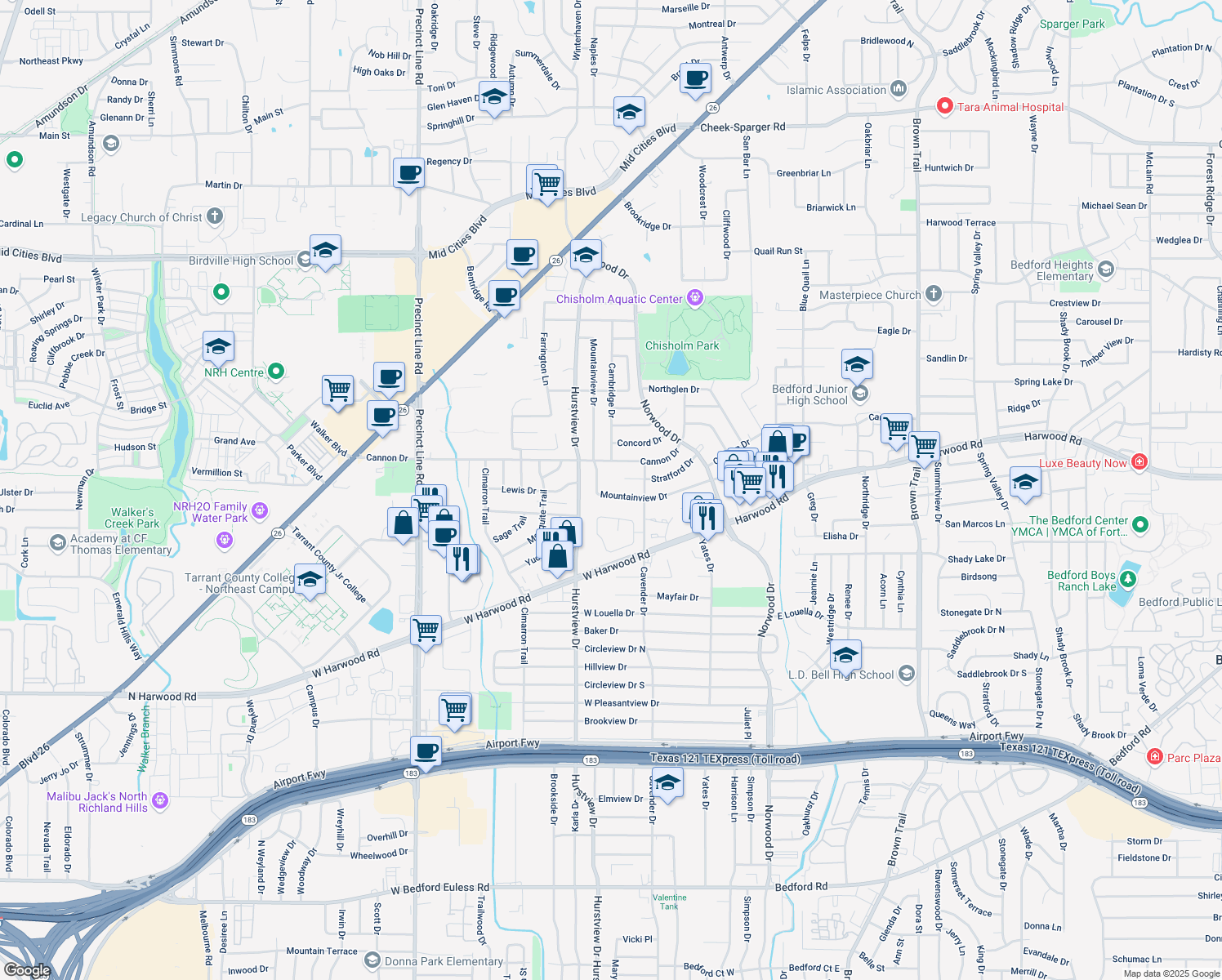 map of restaurants, bars, coffee shops, grocery stores, and more near 428 Mountainview Drive in Hurst