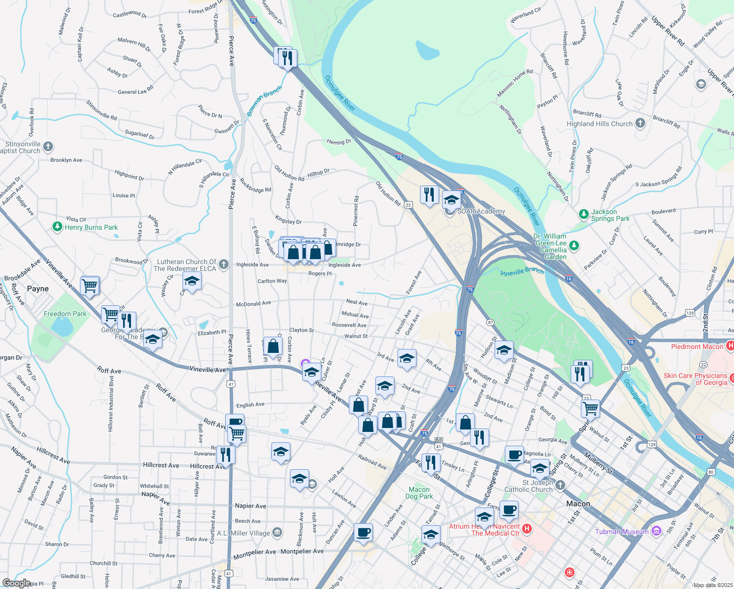 map of restaurants, bars, coffee shops, grocery stores, and more near 426 Penn Avenue in Macon