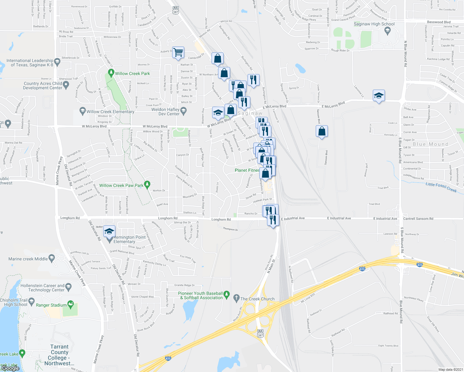 map of restaurants, bars, coffee shops, grocery stores, and more near 604 Thompson Drive in Saginaw