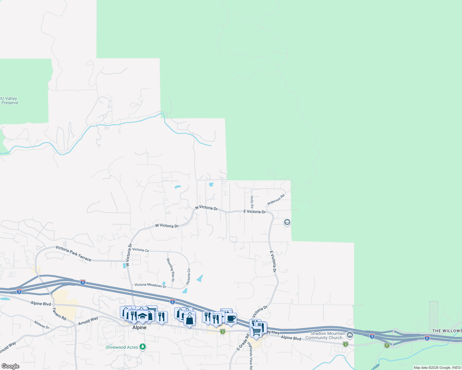 map of restaurants, bars, coffee shops, grocery stores, and more near 3030 North Victoria Drive in Alpine