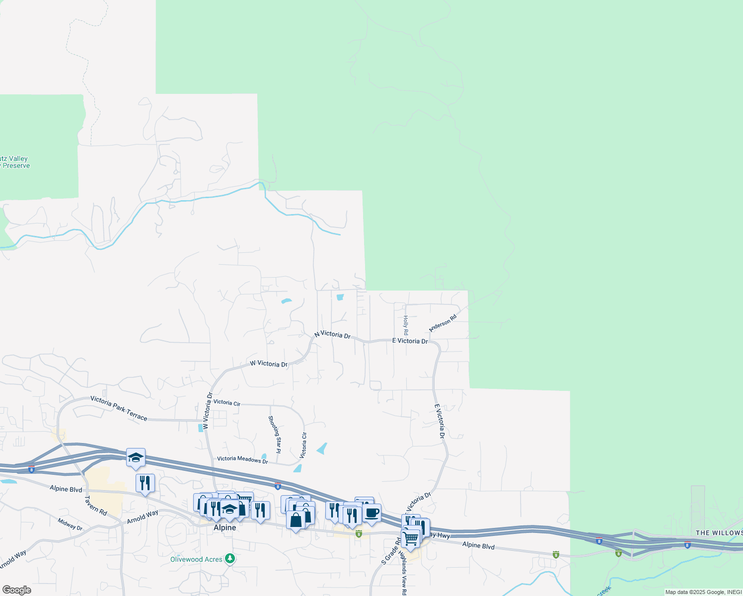 map of restaurants, bars, coffee shops, grocery stores, and more near 3030 North Victoria Drive in Alpine