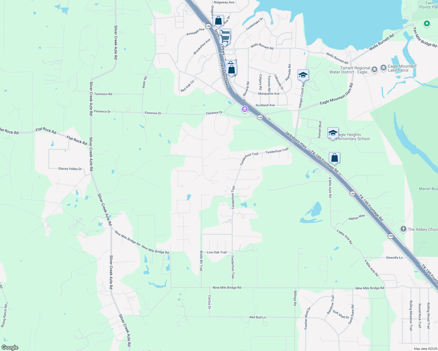 map of restaurants, bars, coffee shops, grocery stores, and more near 2308 Walter Smith Rd in Azle