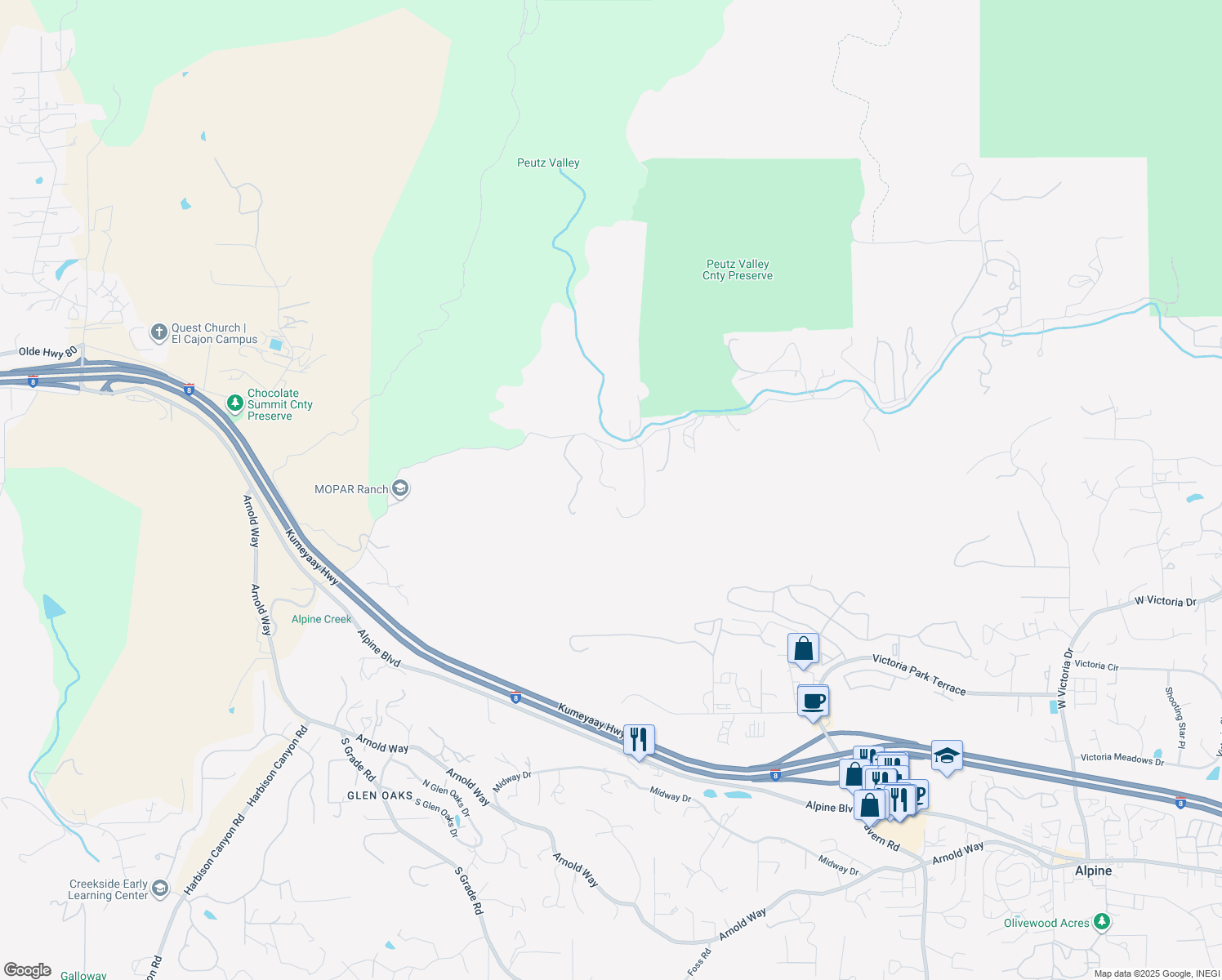 map of restaurants, bars, coffee shops, grocery stores, and more near 937 Peutz Valley Road in Alpine