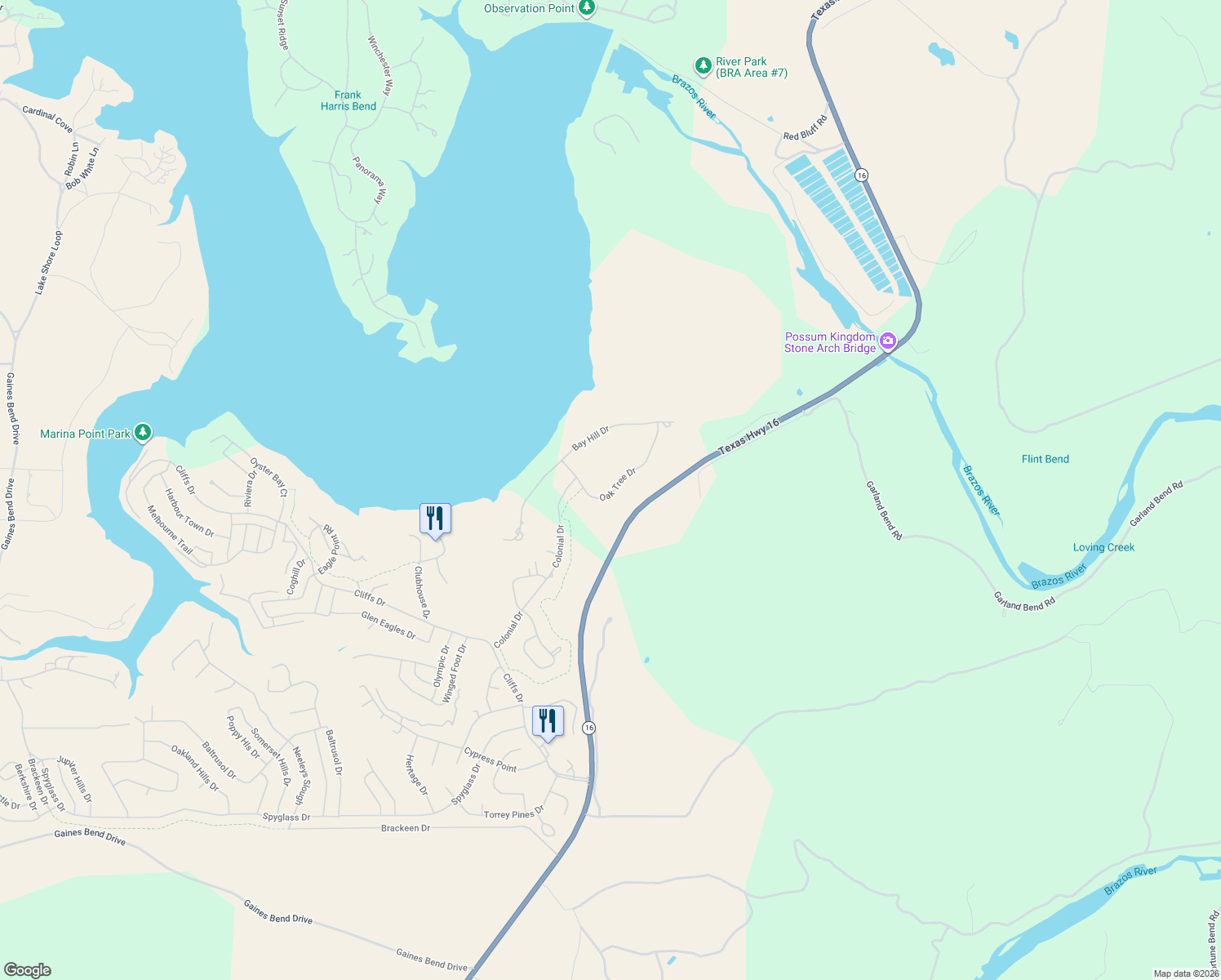 map of restaurants, bars, coffee shops, grocery stores, and more near 105 Oak Tree Drive in Graford