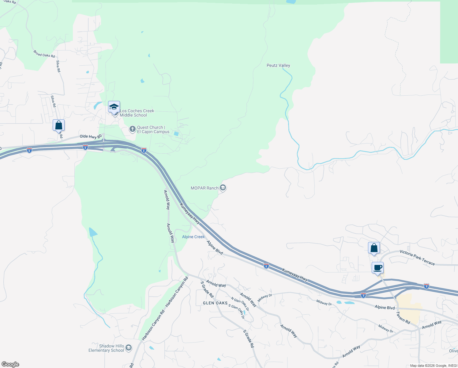 map of restaurants, bars, coffee shops, grocery stores, and more near Peutz Valley Road in Alpine