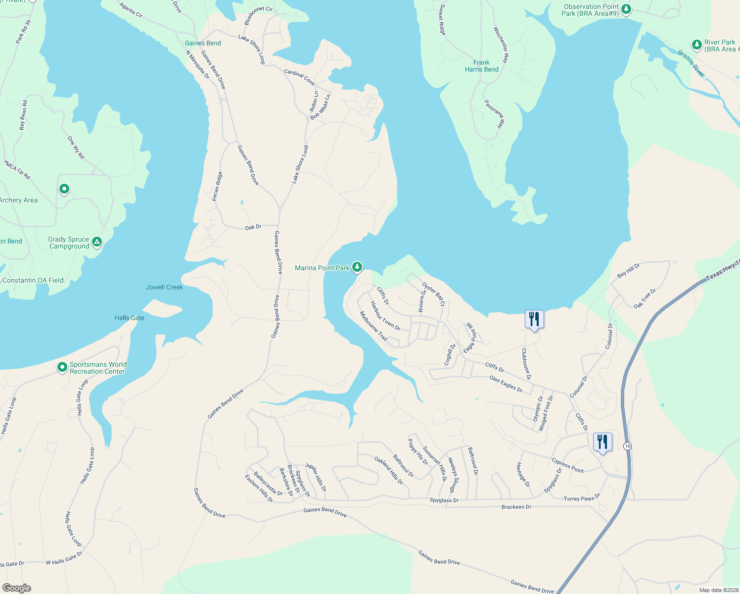 map of restaurants, bars, coffee shops, grocery stores, and more near 250 Harbour Town Drive in Graford