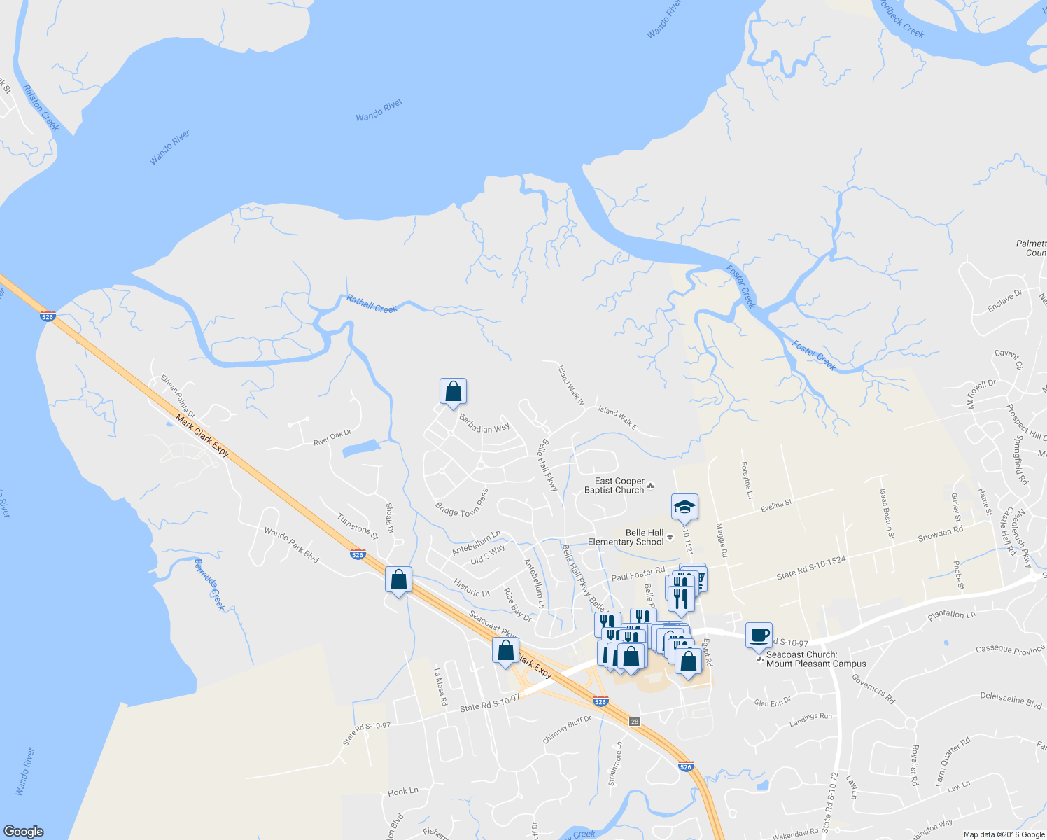 map of restaurants, bars, coffee shops, grocery stores, and more near 356 Evian Way in Mount Pleasant