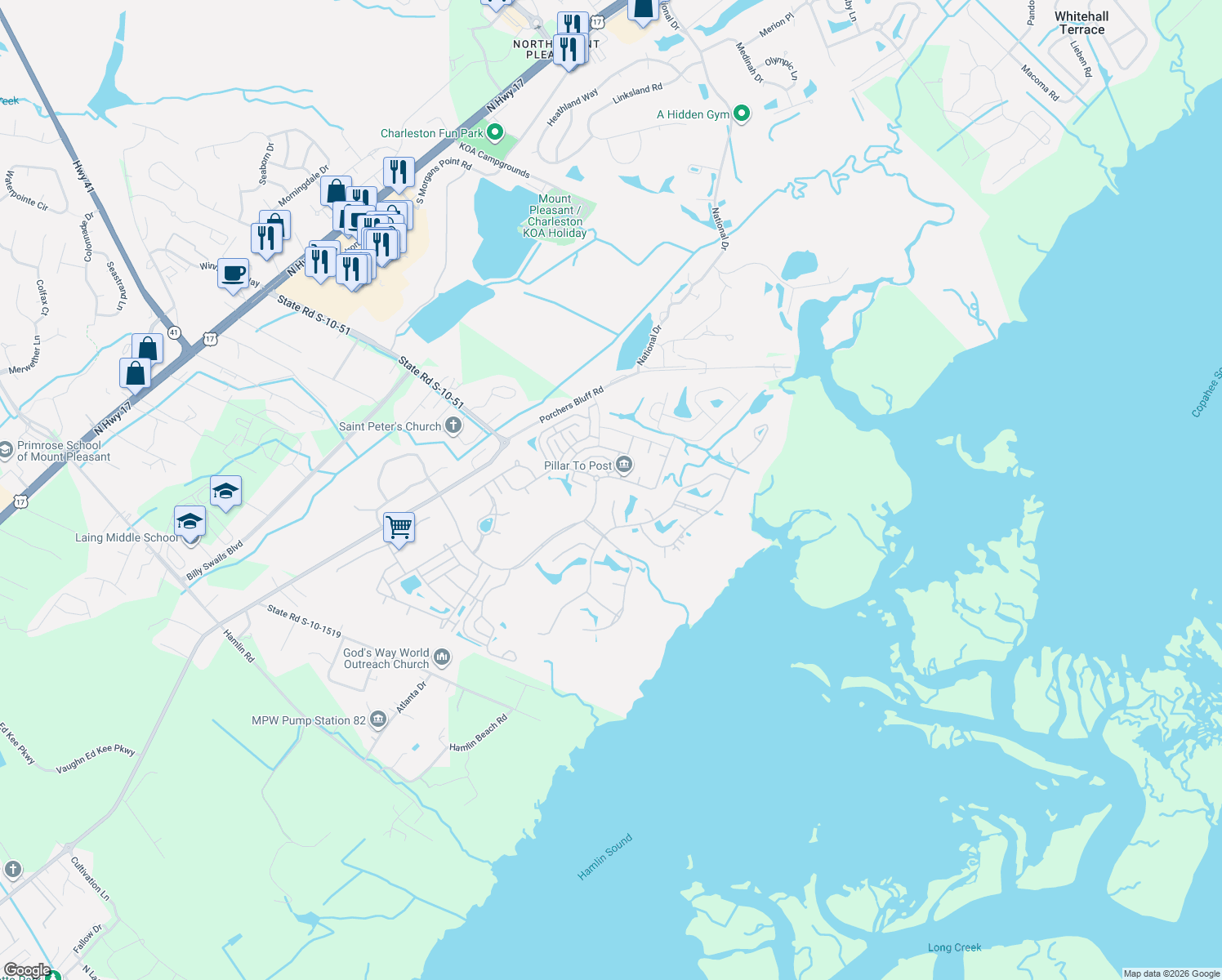 map of restaurants, bars, coffee shops, grocery stores, and more near 1420 Walking Trail Court in Mount Pleasant
