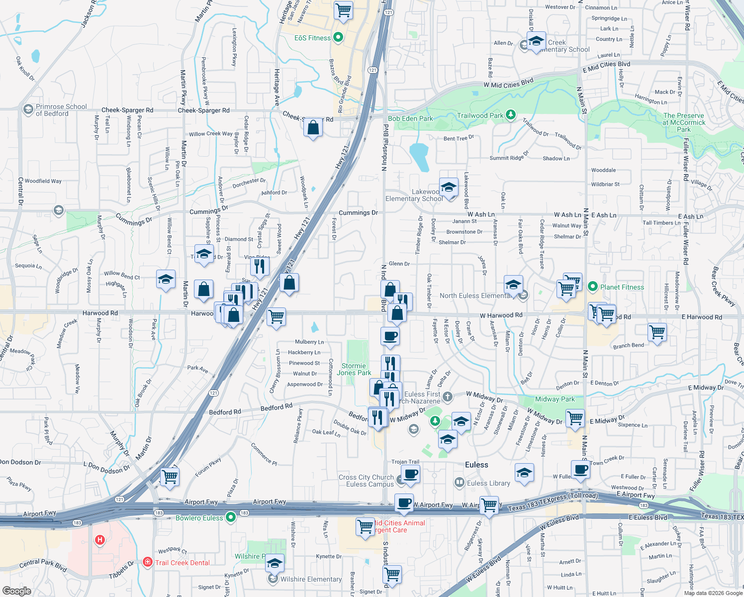 map of restaurants, bars, coffee shops, grocery stores, and more near 3216 Rustic Meadows Drive in Bedford