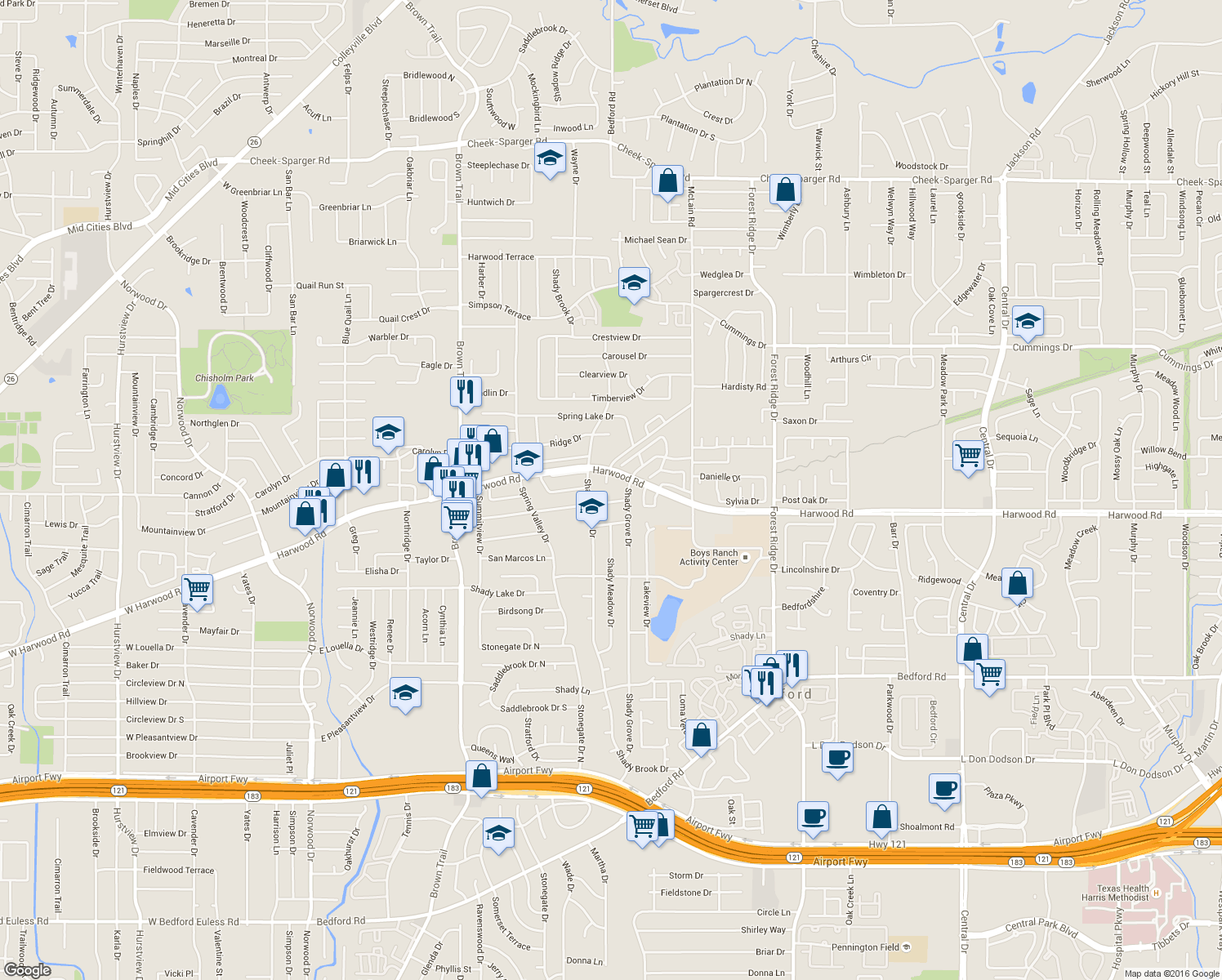 map of restaurants, bars, coffee shops, grocery stores, and more near 2805 Springhaven Ct in Bedford