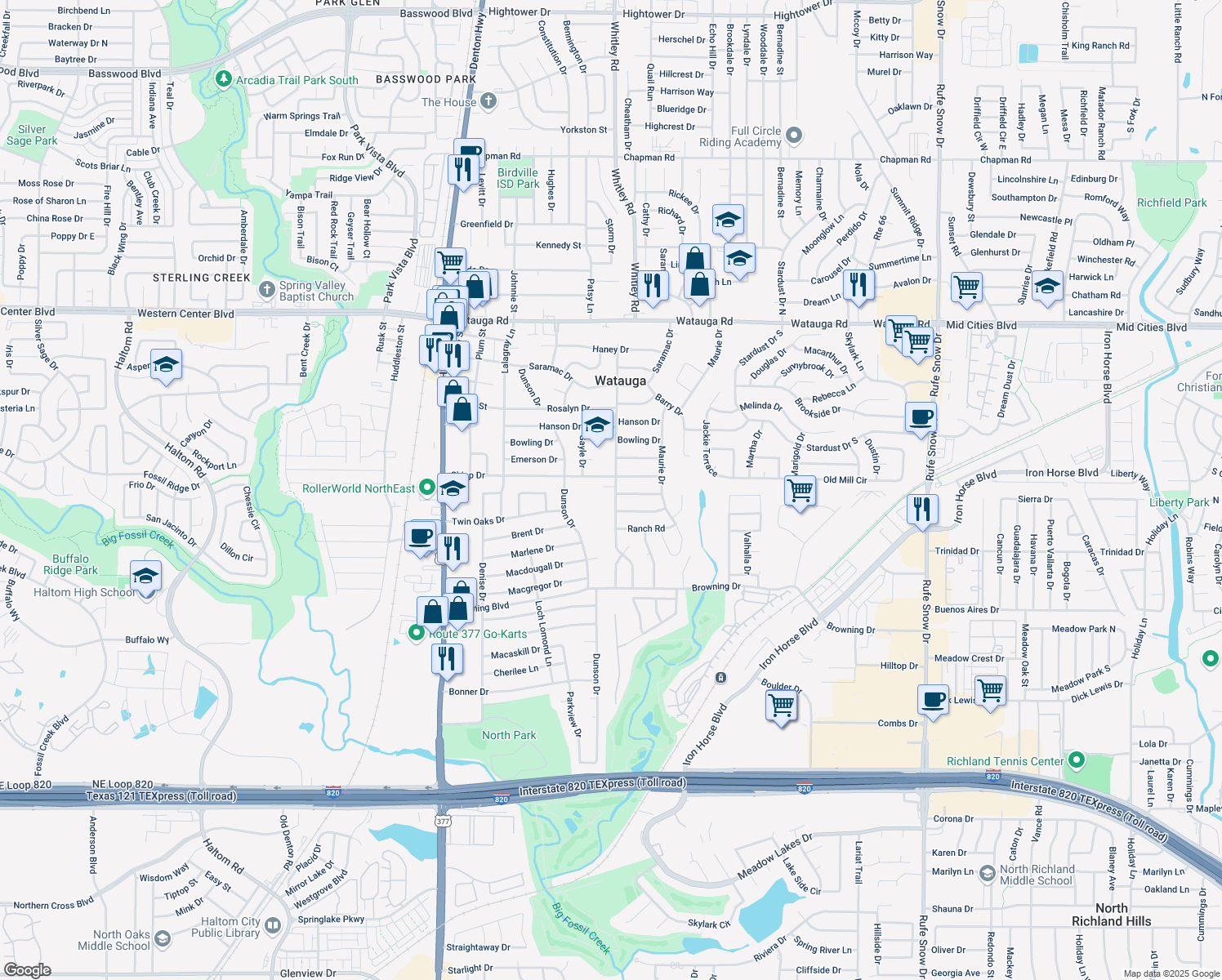 map of restaurants, bars, coffee shops, grocery stores, and more near 5821 Whitley Road in Haltom City