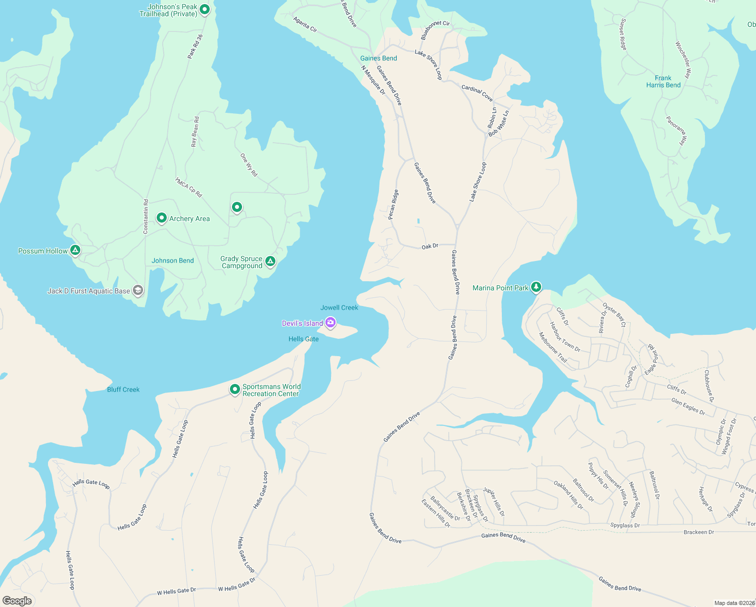 map of restaurants, bars, coffee shops, grocery stores, and more near 1017 East Hells Gate Drive in Graford