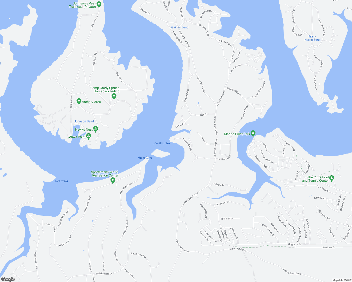 map of restaurants, bars, coffee shops, grocery stores, and more near 1017 East Hells Gate Drive in Graford