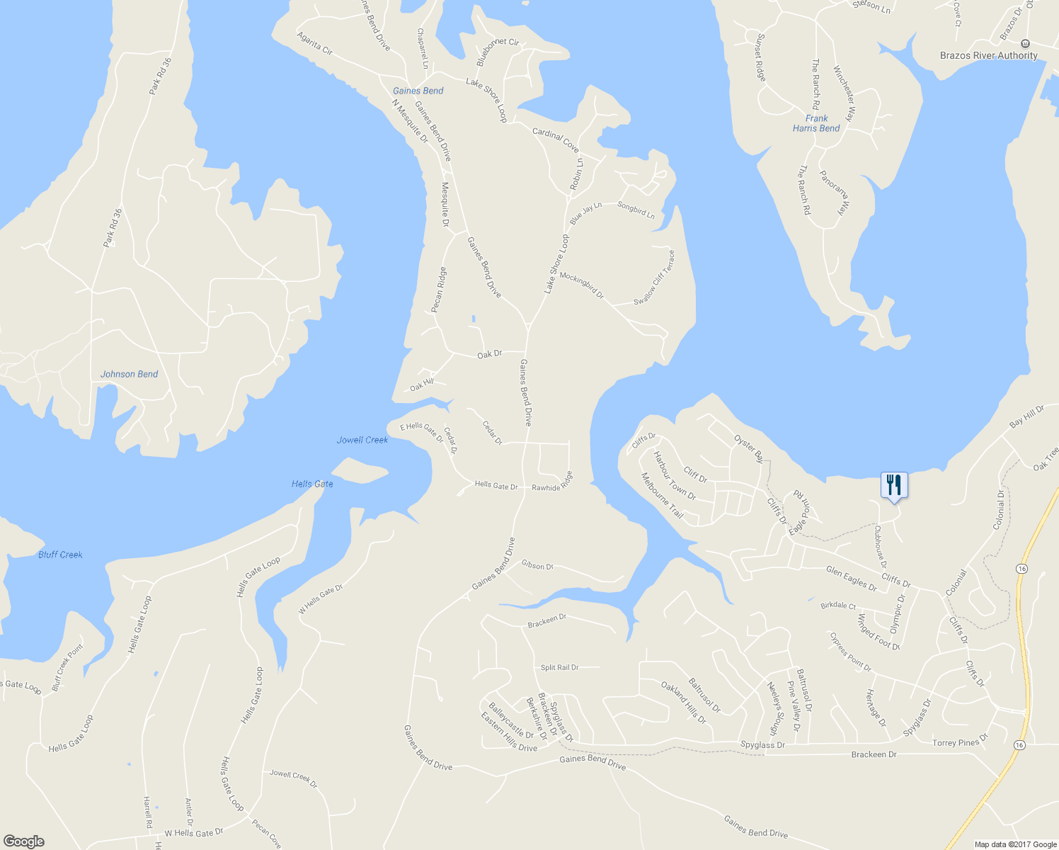 map of restaurants, bars, coffee shops, grocery stores, and more near Gaines Bend Drive in Graford