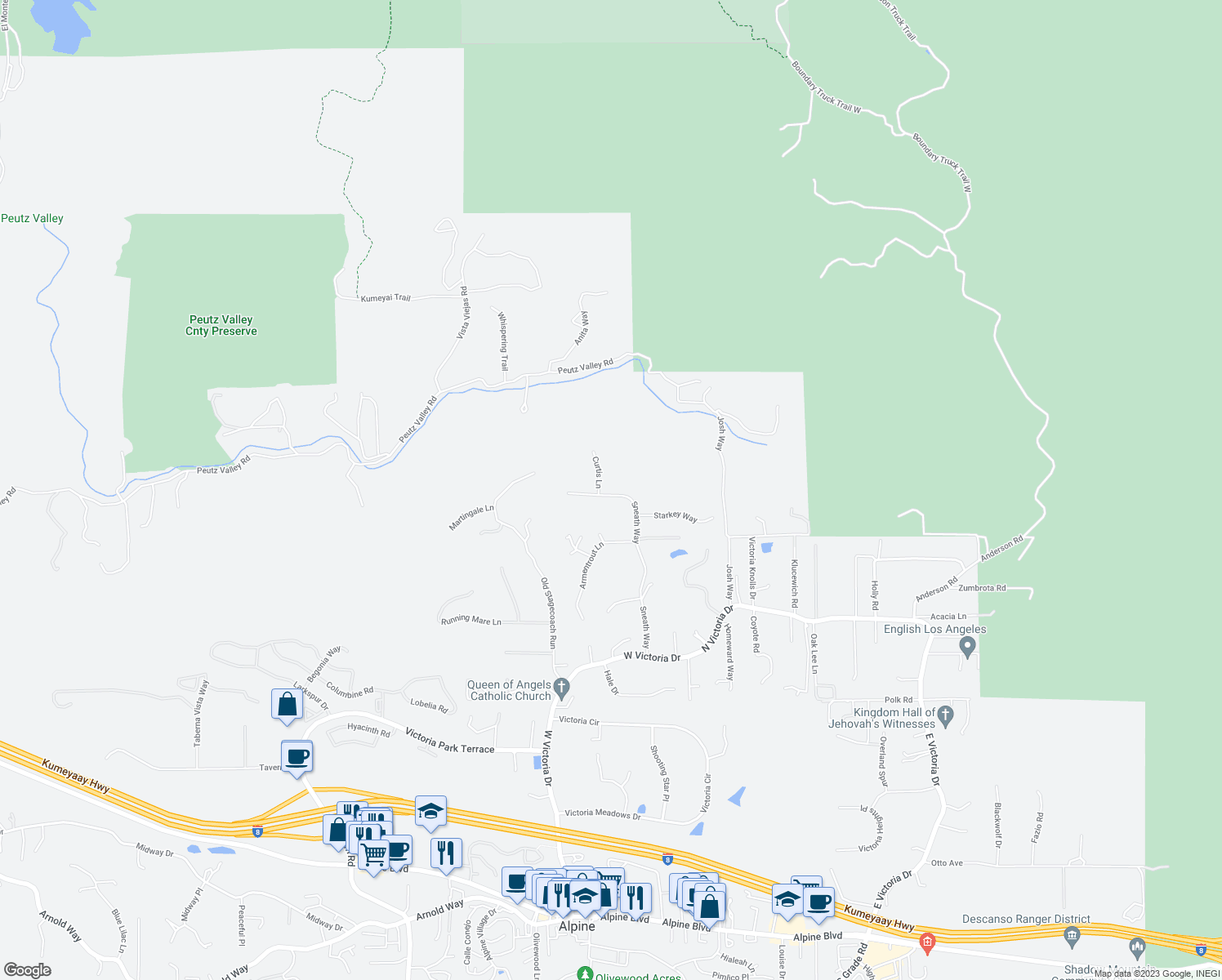 map of restaurants, bars, coffee shops, grocery stores, and more near 367 Sneath Way in Alpine