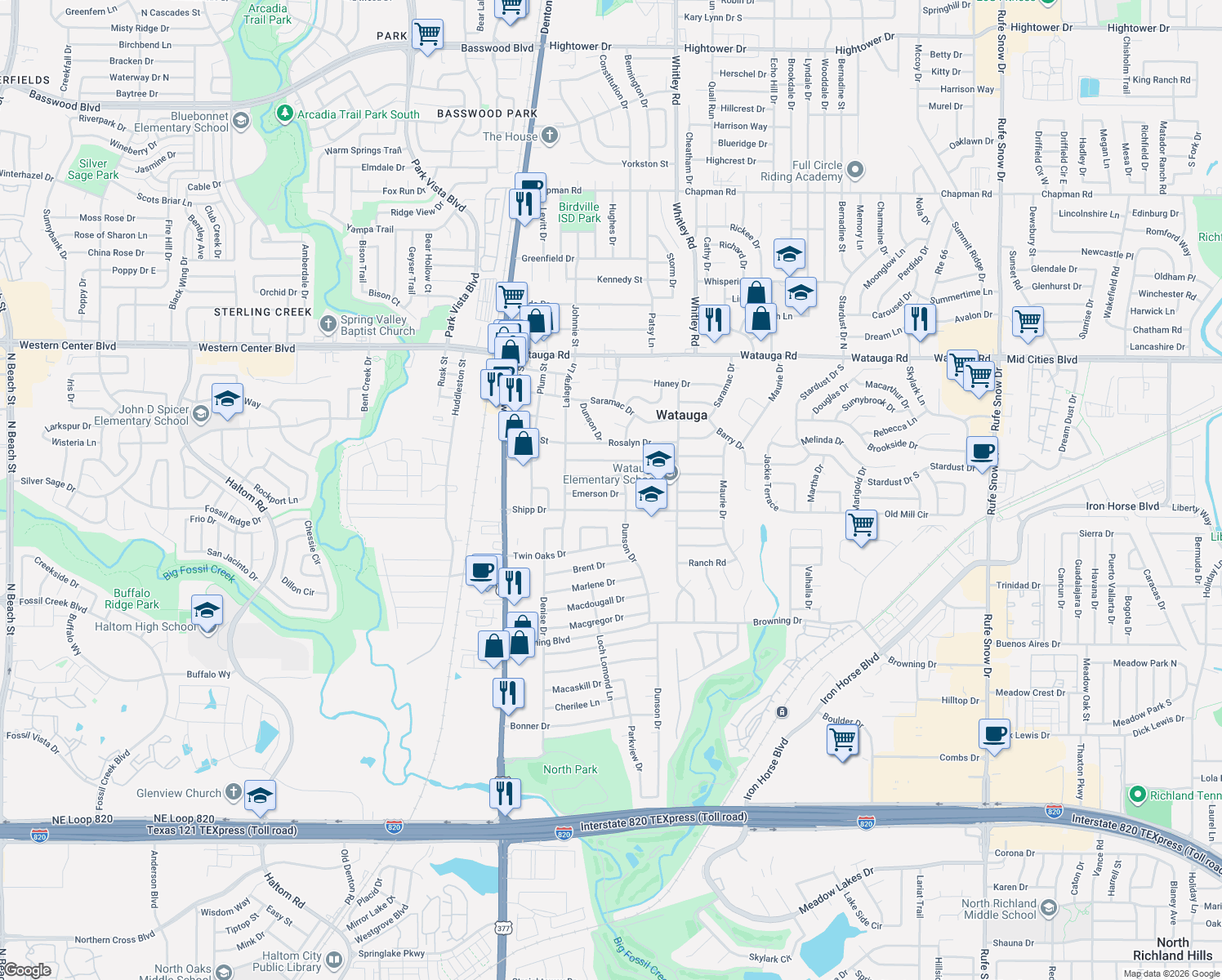 map of restaurants, bars, coffee shops, grocery stores, and more near 5745 Emerson Drive in Watauga