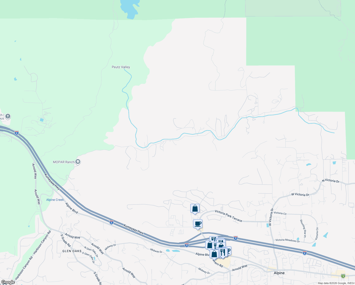 map of restaurants, bars, coffee shops, grocery stores, and more near 1167 Peutz Valley Road in Alpine