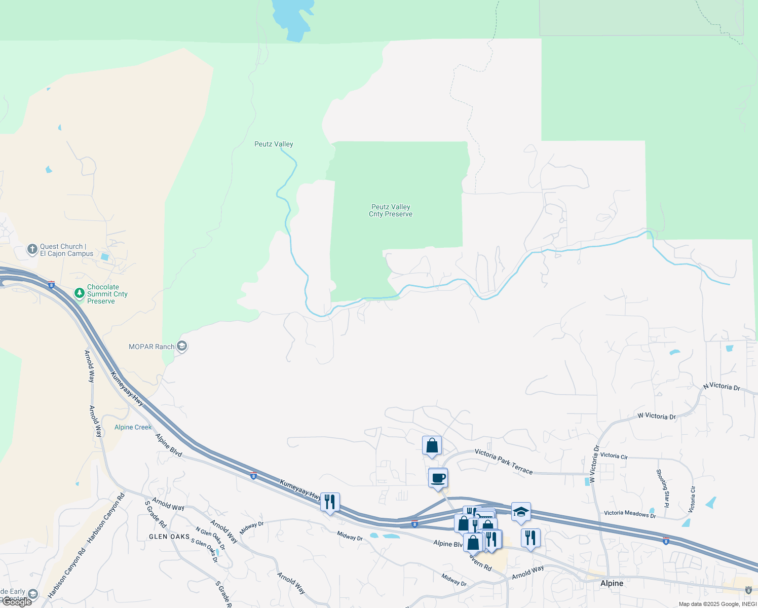 map of restaurants, bars, coffee shops, grocery stores, and more near 1143 Peutz Valley Road in Alpine