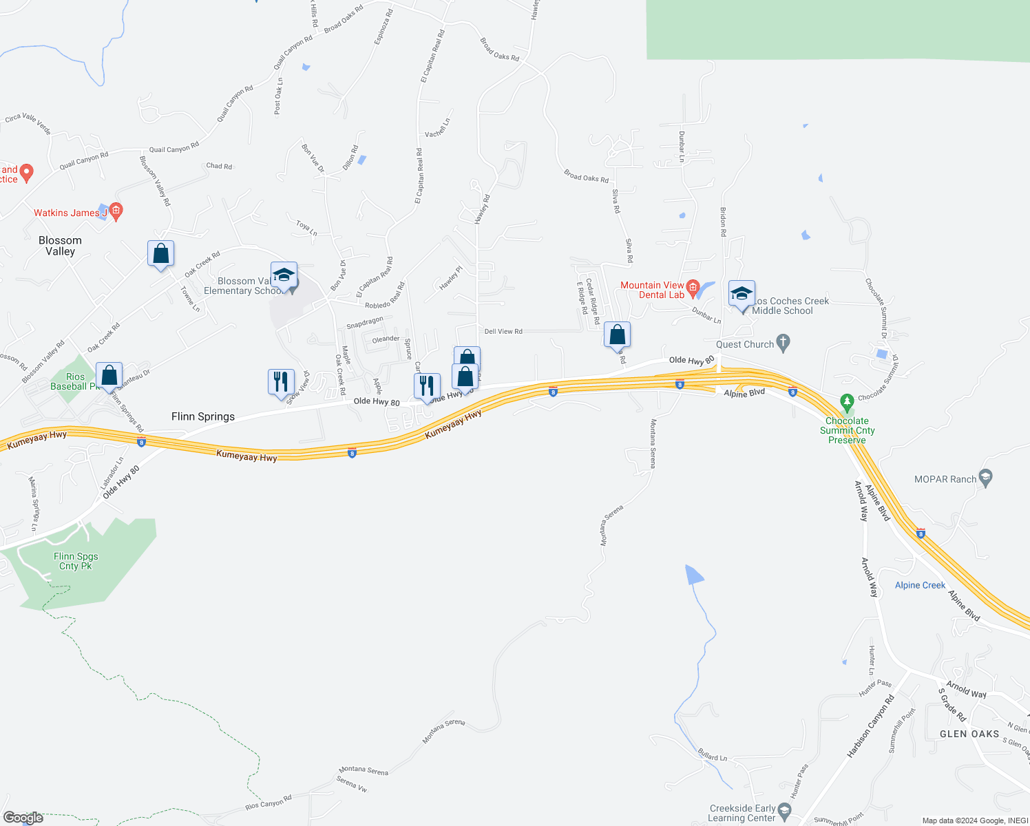map of restaurants, bars, coffee shops, grocery stores, and more near 15711 Viewside Lane in El Cajon