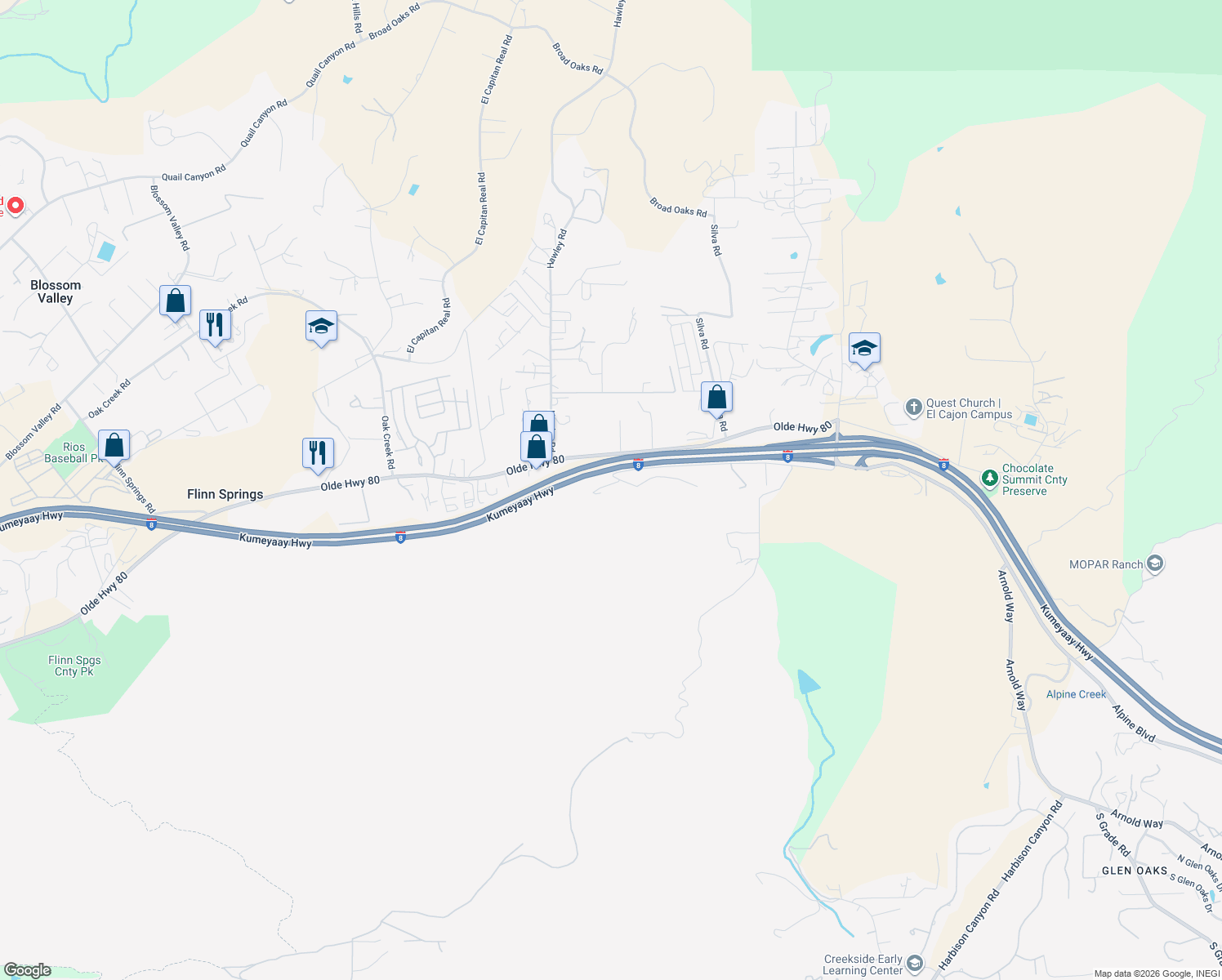 map of restaurants, bars, coffee shops, grocery stores, and more near 15711 Viewside Lane in El Cajon