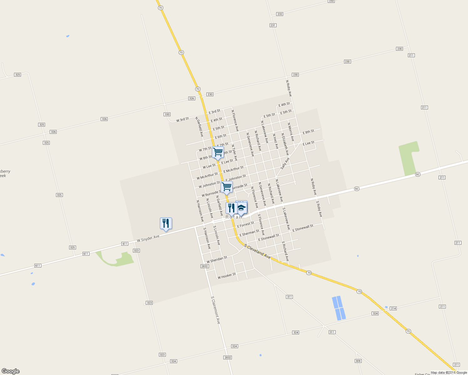 map of restaurants, bars, coffee shops, grocery stores, and more near 404 North McKinley Avenue in Rotan