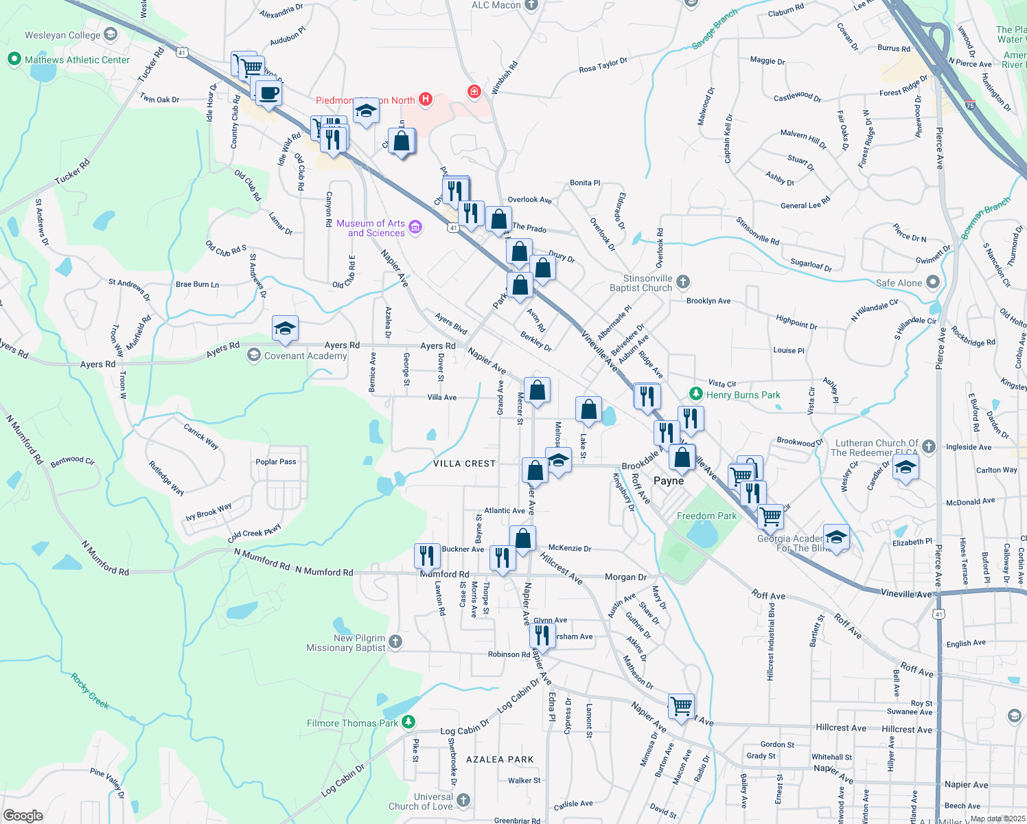 map of restaurants, bars, coffee shops, grocery stores, and more near 3831 Fairmont Avenue in Macon