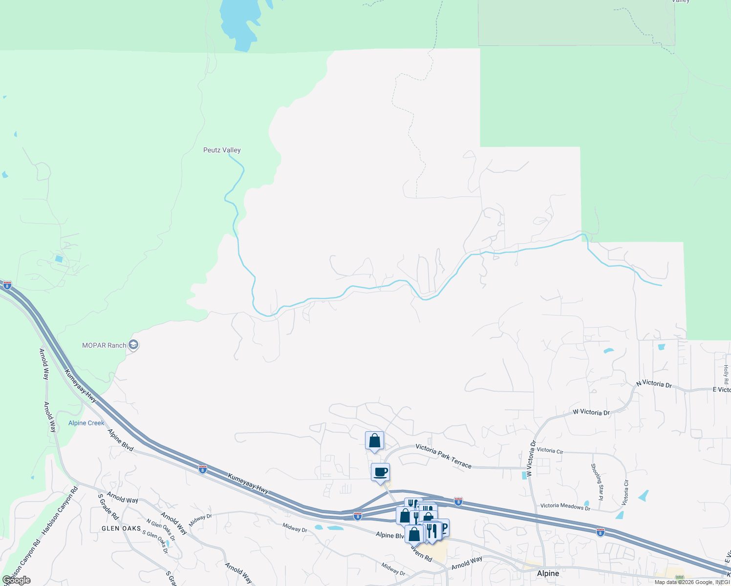 map of restaurants, bars, coffee shops, grocery stores, and more near Peutz Valley Road in Alpine