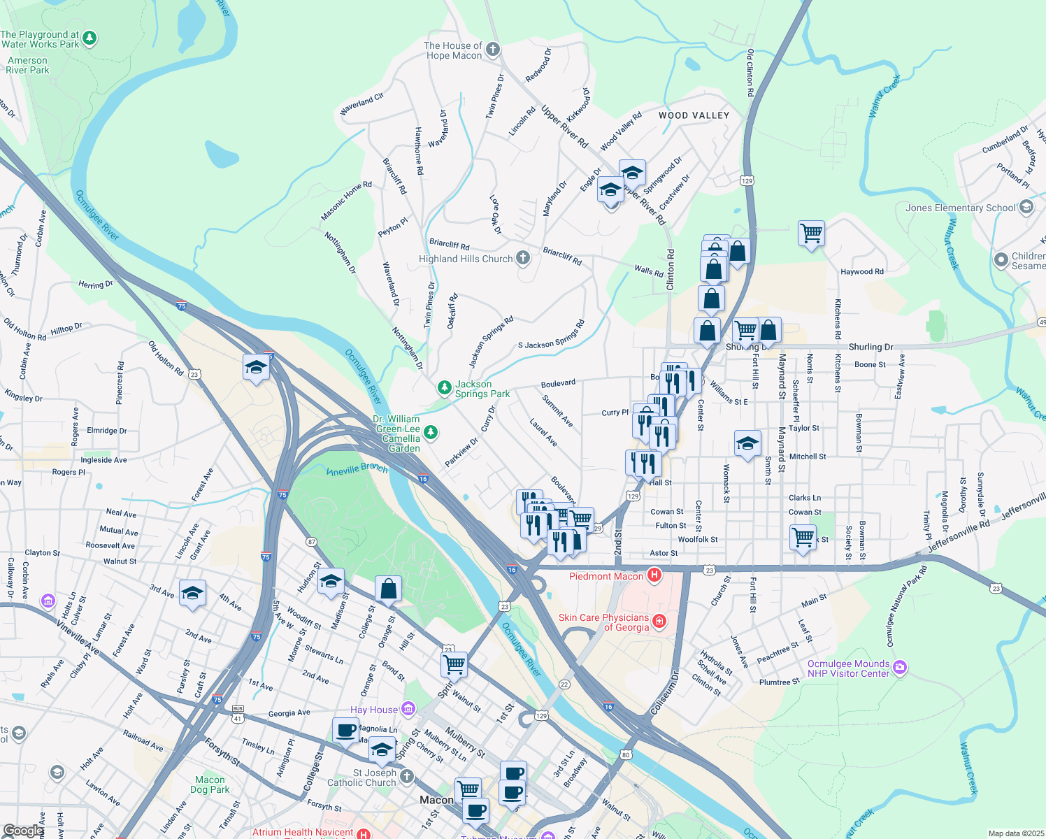 map of restaurants, bars, coffee shops, grocery stores, and more near 920 Laurel Avenue in Macon