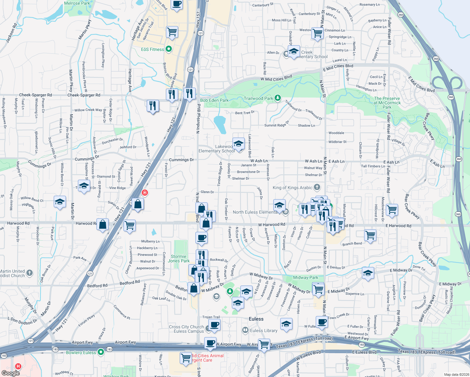 map of restaurants, bars, coffee shops, grocery stores, and more near 803 Boxwood Court in Euless