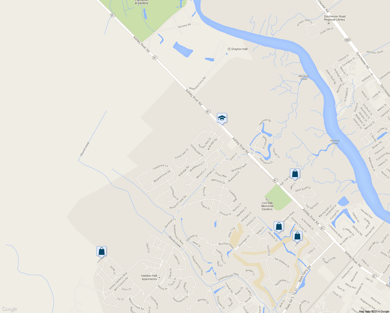 map of restaurants, bars, coffee shops, grocery stores, and more near 5001 Northfield Court in Charleston