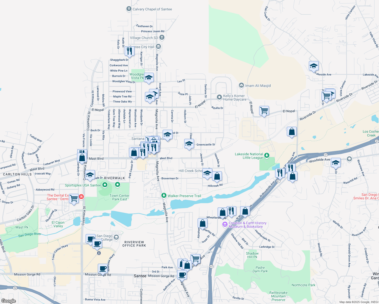 map of restaurants, bars, coffee shops, grocery stores, and more near 9832 Bend Street in Santee