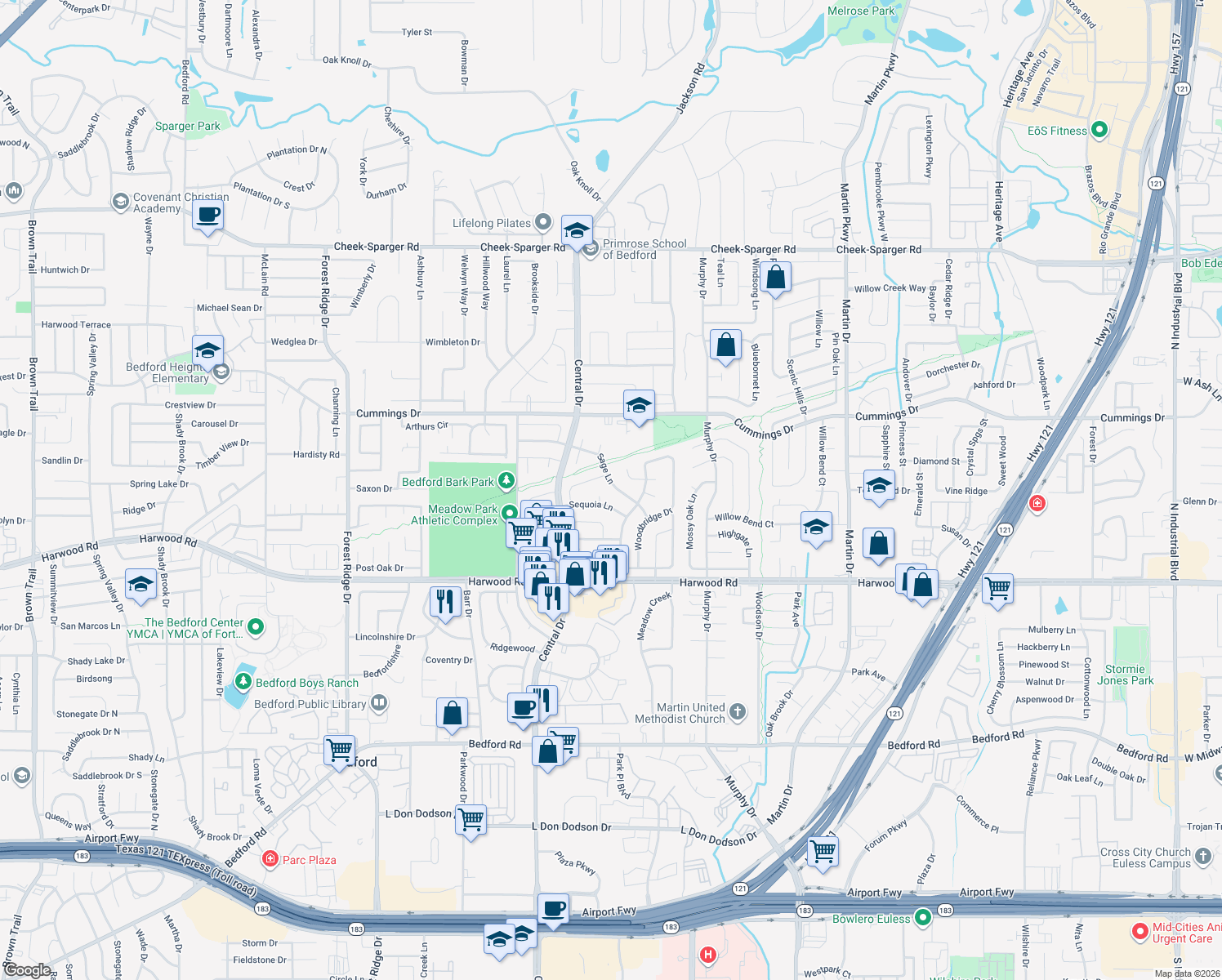 map of restaurants, bars, coffee shops, grocery stores, and more near 2208 Sage Lane in Bedford