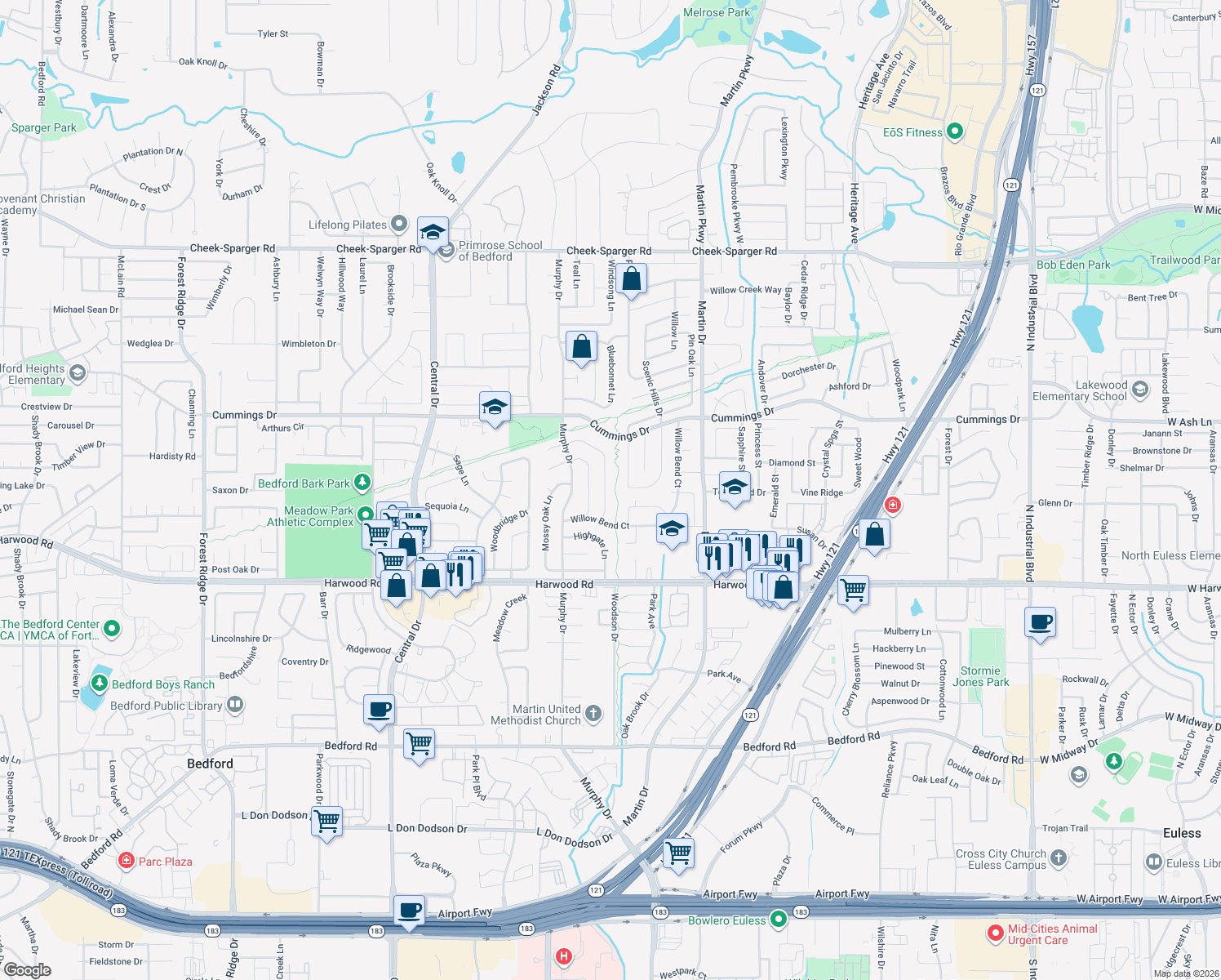 map of restaurants, bars, coffee shops, grocery stores, and more near 3124 Meadow Wood Lane in Bedford