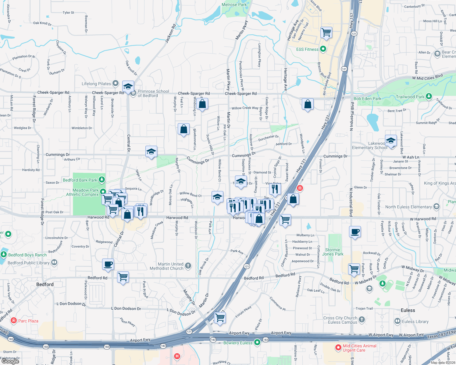 map of restaurants, bars, coffee shops, grocery stores, and more near 3128 Wayfarer Road in Bedford