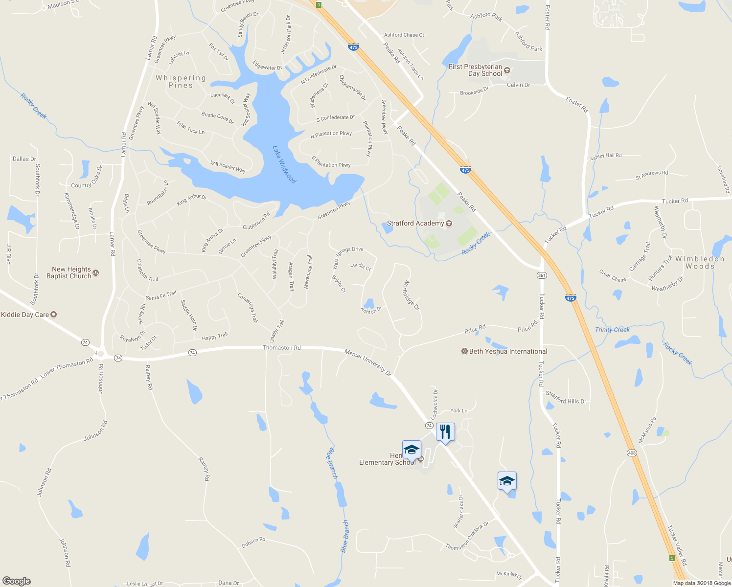 map of restaurants, bars, coffee shops, grocery stores, and more near 139 Ashton Drive in Macon