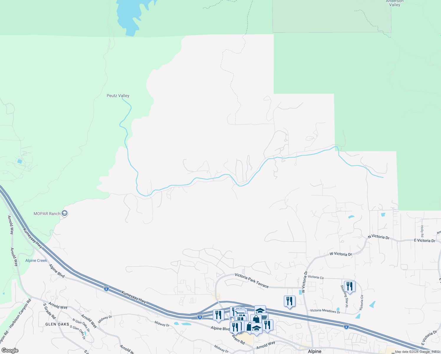 map of restaurants, bars, coffee shops, grocery stores, and more near 1394 Peutz Valley Road in Alpine