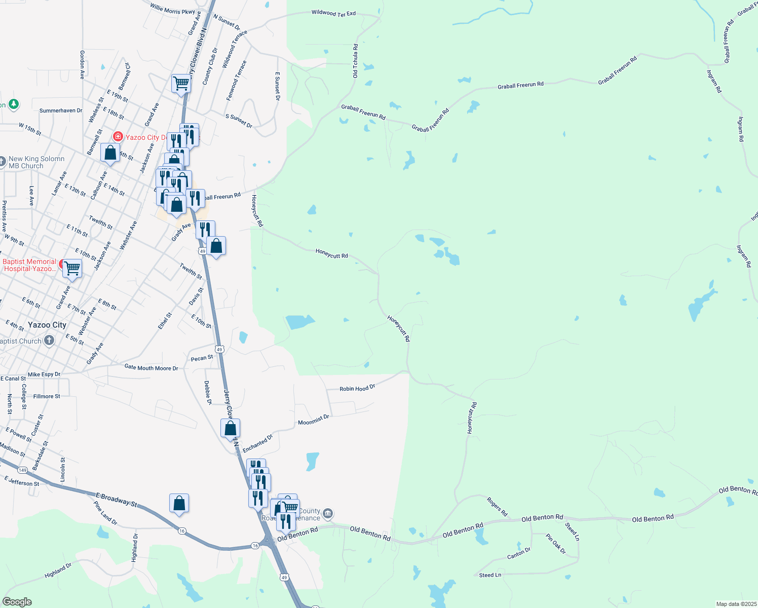 map of restaurants, bars, coffee shops, grocery stores, and more near 1301 Honeycutt Road in Yazoo City