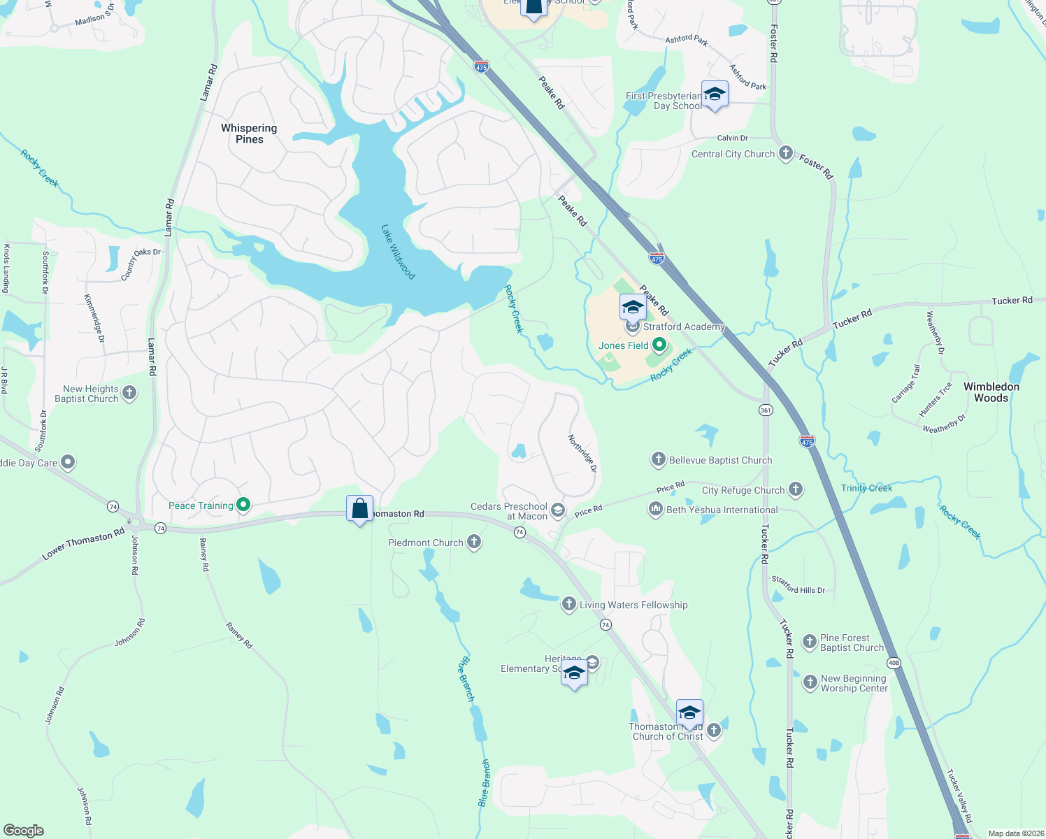 map of restaurants, bars, coffee shops, grocery stores, and more near 159 Ashton Drive in Macon