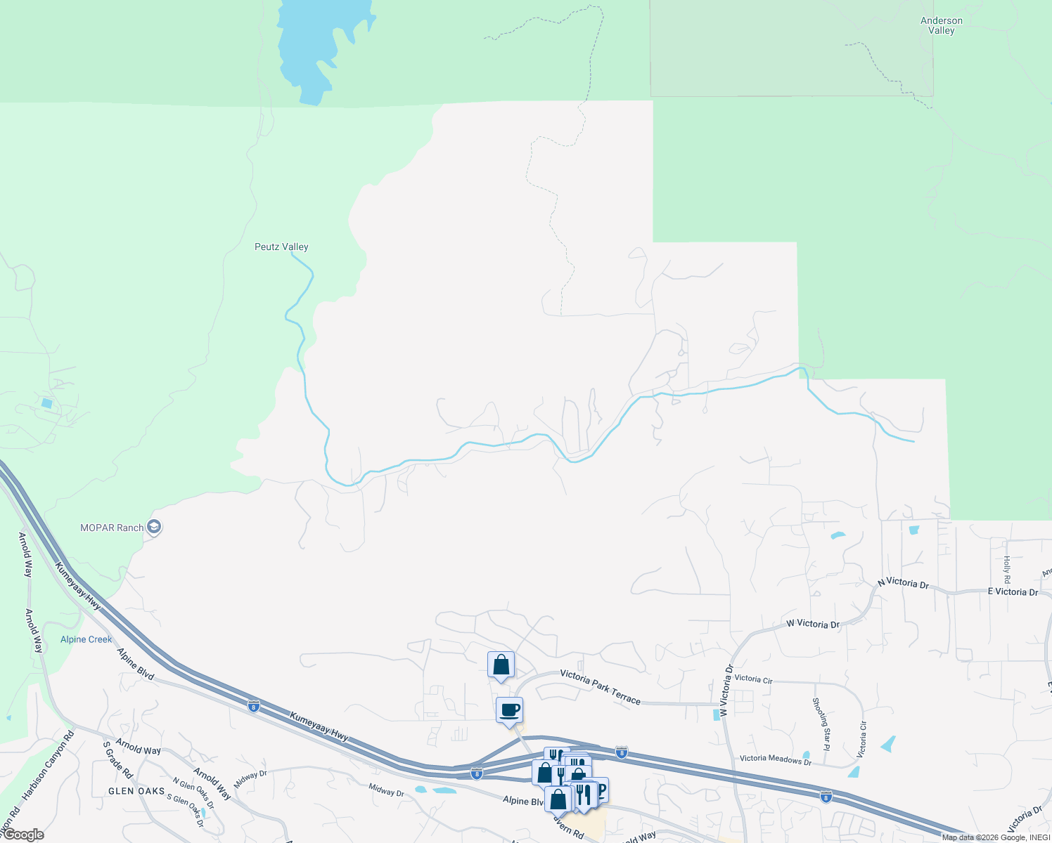 map of restaurants, bars, coffee shops, grocery stores, and more near 1394 Peutz Valley Road in Alpine