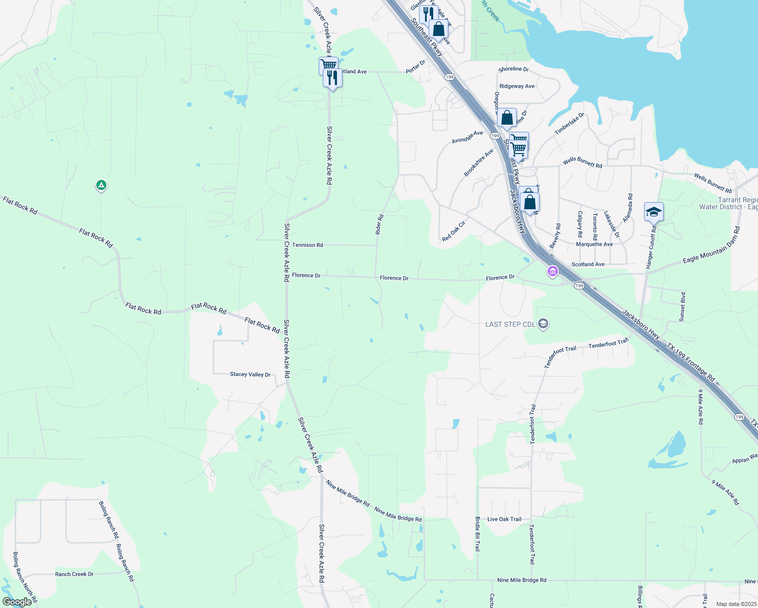 map of restaurants, bars, coffee shops, grocery stores, and more near 1300 Florence Drive in Azle